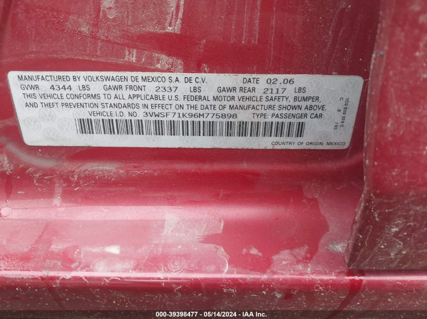 2006 Volkswagen Jetta 2.5 VIN: 3VWSF71K96M775898 Lot: 39398477
