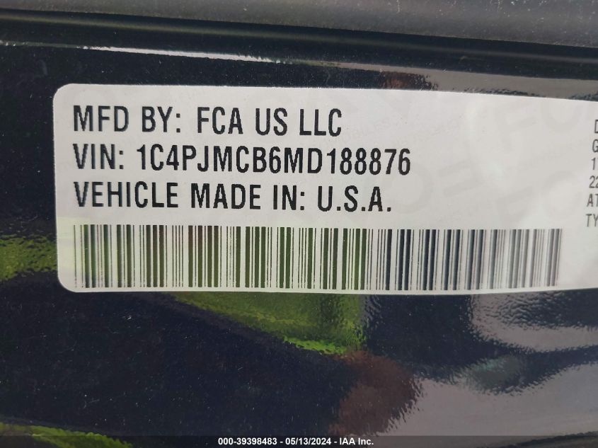 2021 Jeep Cherokee Latitude 4X4 VIN: 1C4PJMCB6MD188876 Lot: 39398483