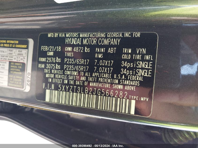 2018 Hyundai Santa Fe Sport 2.4L VIN: 5XYZT3LB2JG566282 Lot: 39398492