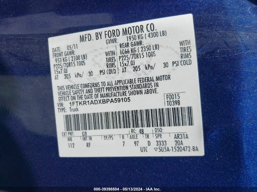 2011 Ford Ranger Xl VIN: 1FTKR1ADXBPA59105 Lot: 39398504