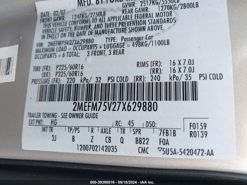 2007 Mercury Grand Marquis Ls VIN: 2MEFM75V27X629880 Lot: 39398516