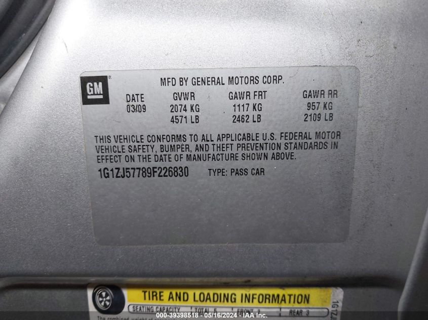 2009 Chevrolet Malibu Lt VIN: 1G1ZJ57789F226830 Lot: 39398518