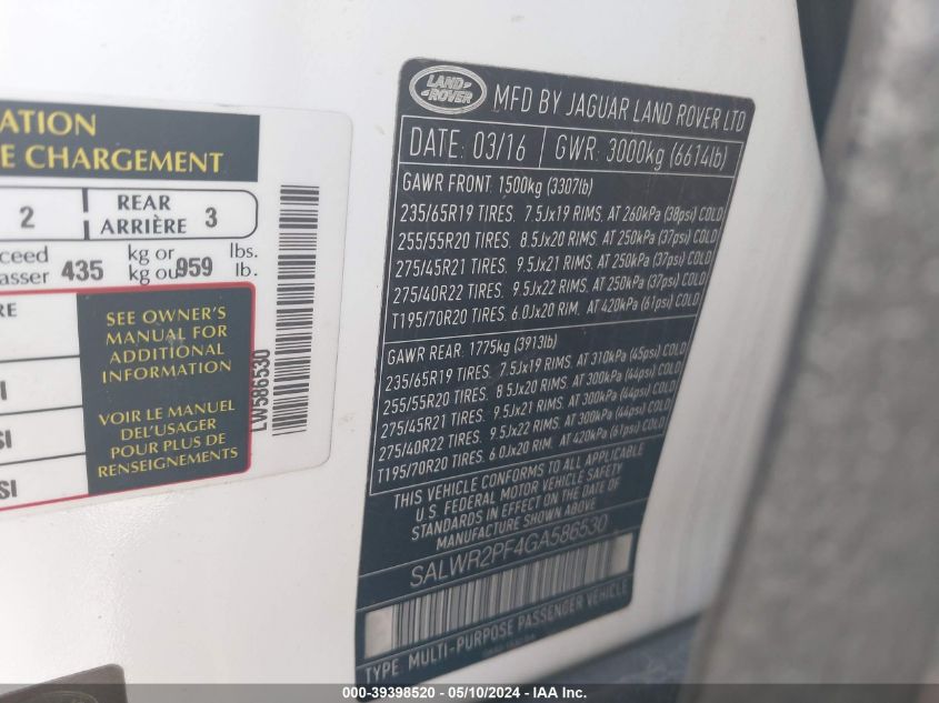 2016 Land Rover Range Rover Sport 3.0L V6 Supercharged Hse VIN: SALWR2PF4GA586530 Lot: 39398520