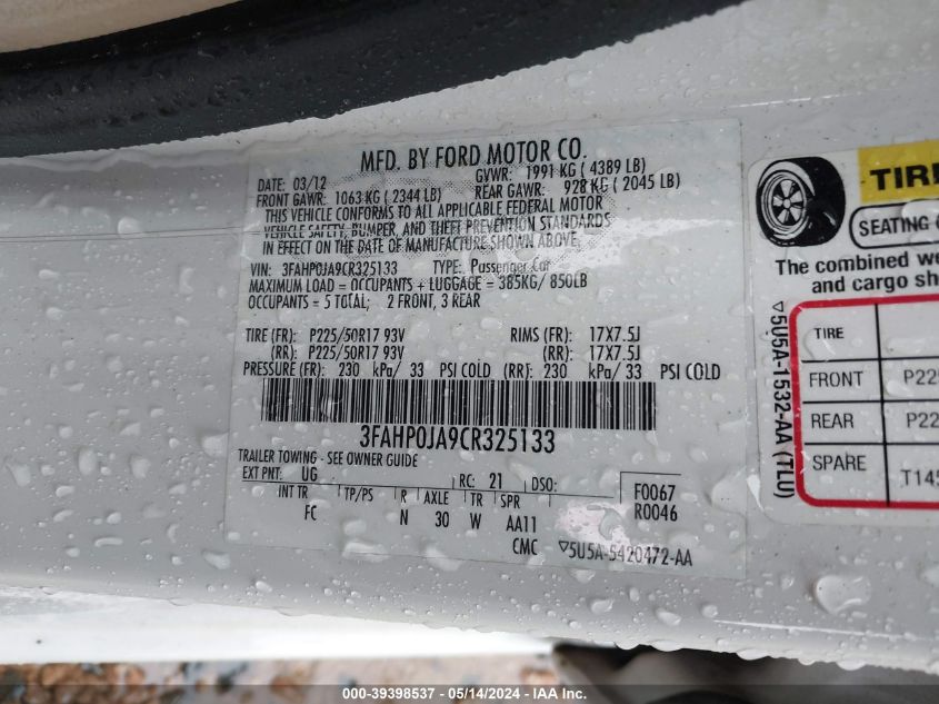 2012 Ford Fusion Sel VIN: 3FAHP0JA9CR325133 Lot: 39398537