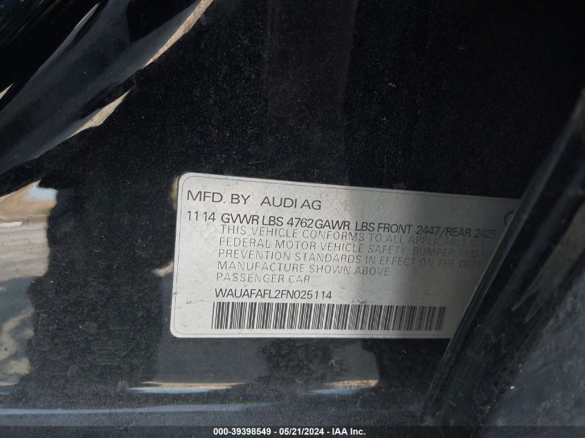 2015 Audi A4 2.0T Premium VIN: WAUAFAFL2FN025114 Lot: 39398549