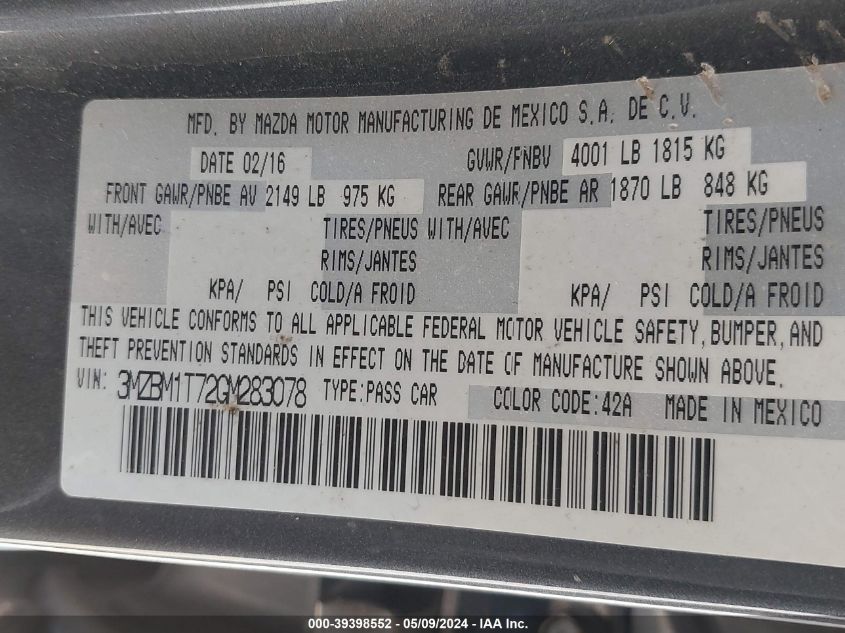 2016 Mazda Mazda3 I Sport VIN: 3MZBM1T72GM283078 Lot: 39398552