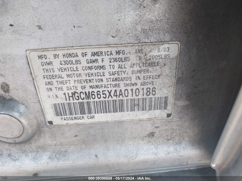 2004 Honda Accord 3.0 Ex VIN: 1HGCM665X4A010186 Lot: 39398558