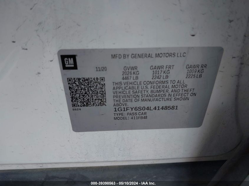 2020 Chevrolet Bolt Ev Fwd Lt VIN: 1G1FY6S04L4148581 Lot: 39398563