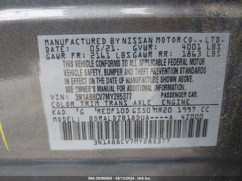 2021 Nissan Sentra Sv Xtronic Cvt VIN: 3N1AB8CV7MY285377 Lot: 39398565