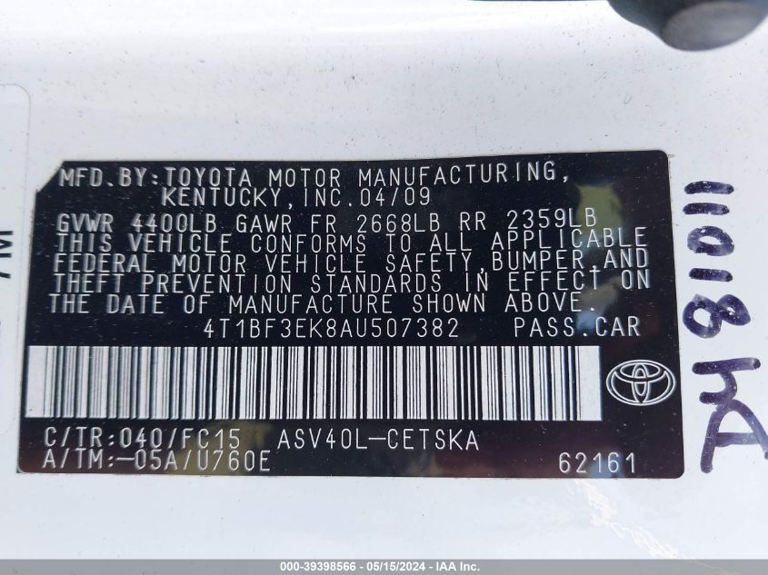 2010 Toyota Camry Se VIN: 4T1BF3EK8AU507382 Lot: 39398566