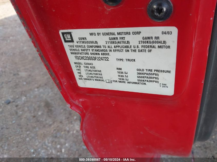 2003 Chevrolet Silverado 2500Hd Ls VIN: 1GCHC23G53F224722 Lot: 39398567