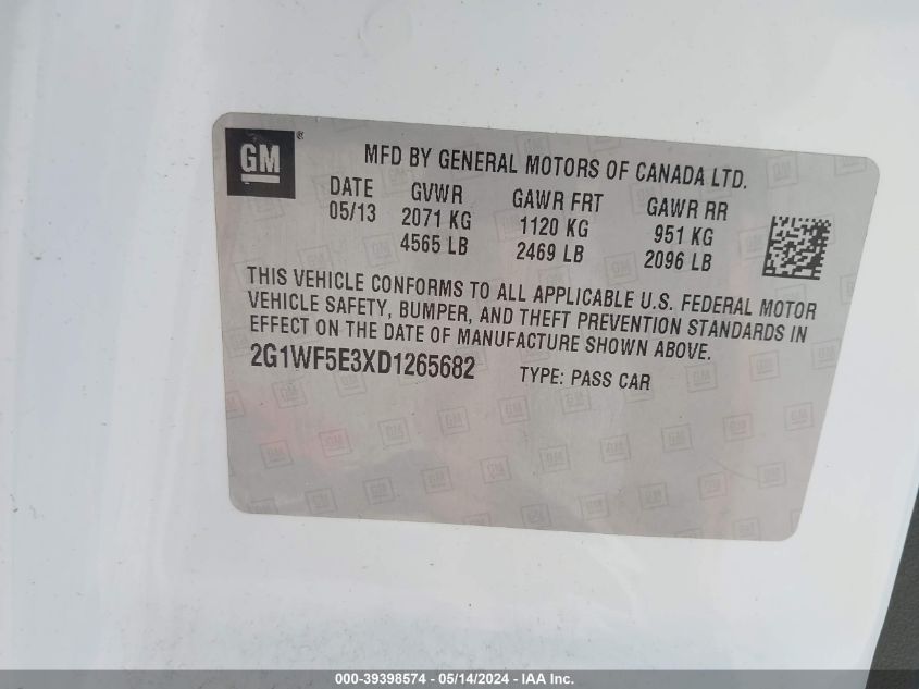 2013 Chevrolet Impala Ls VIN: 2G1WF5E3XD1265682 Lot: 39398574
