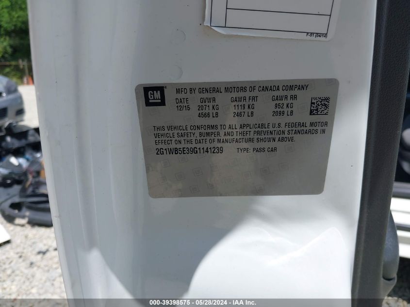 2016 Chevrolet Impala Limited Lt VIN: 2G1WB5E39G1141239 Lot: 39398575