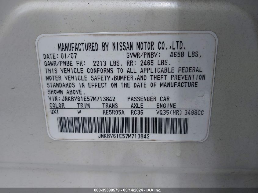 2007 Infiniti G35 Journey VIN: JNKBV61E57M713842 Lot: 39398579