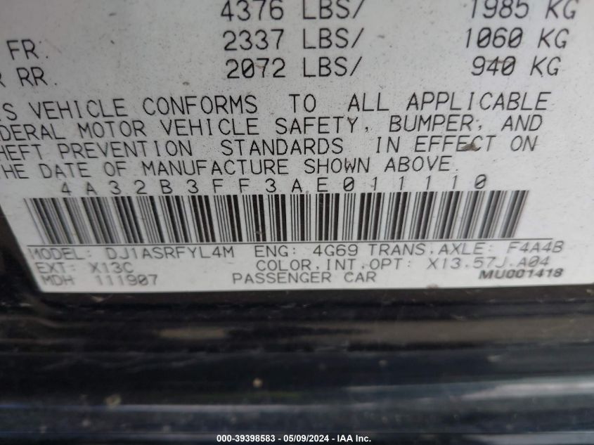 2010 Mitsubishi Galant Es/Se VIN: 4A32B3FF3AE011110 Lot: 39398583