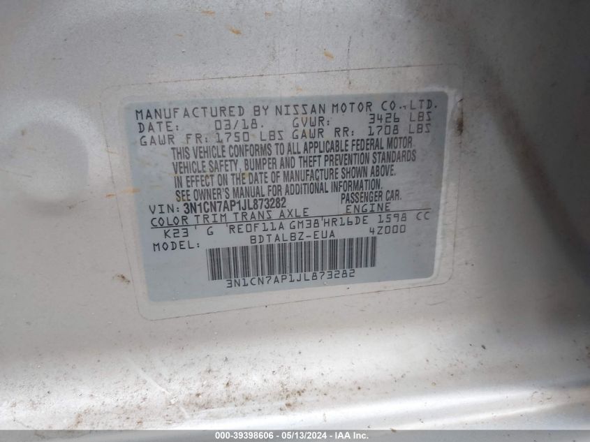 2018 Nissan Versa 1.6 Sv VIN: 3N1CN7AP1JL873282 Lot: 39398606