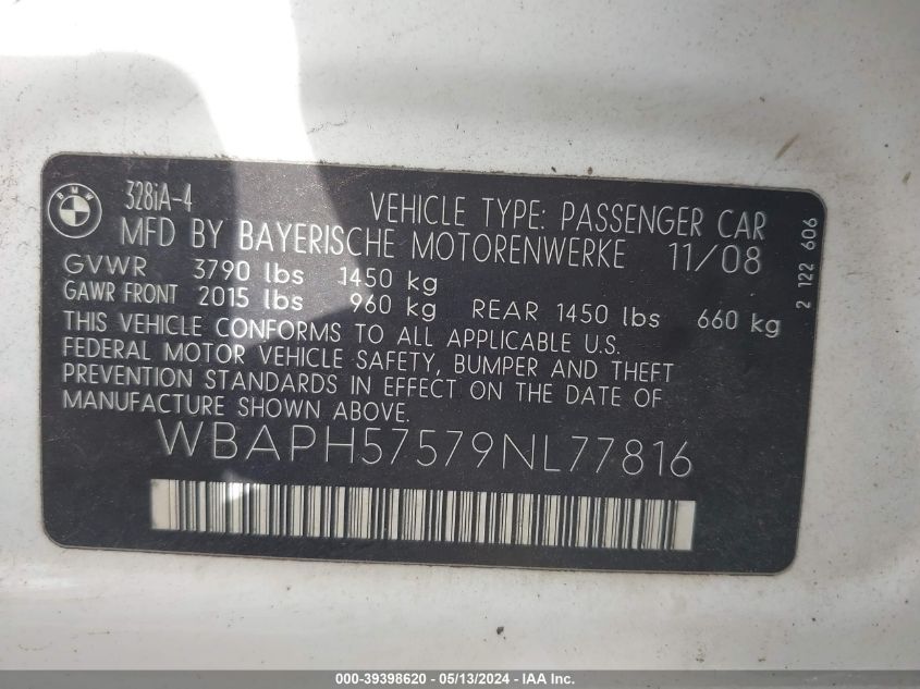 2009 BMW 328I I Sulev VIN: WBAPH57579NL77816 Lot: 39398620