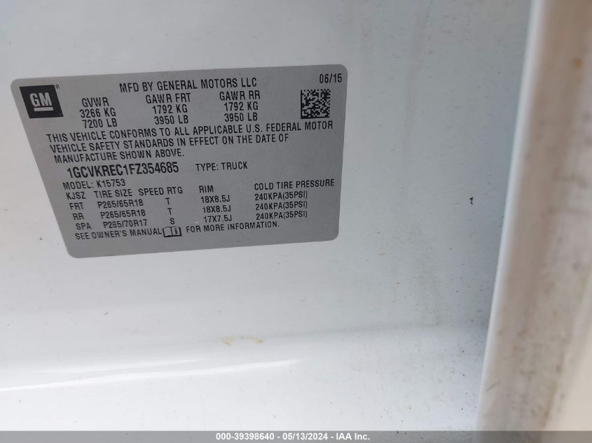 2015 Chevrolet Silverado 1500 2Lt VIN: 1GCVKREC1FZ354685 Lot: 39398640