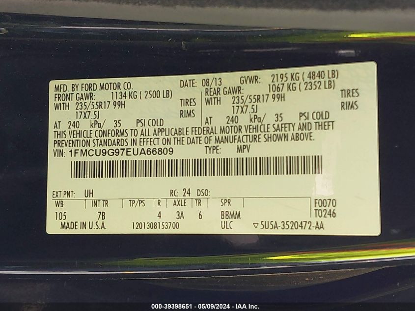 2014 Ford Escape Se VIN: 1FMCU9G97EUA66809 Lot: 39398651