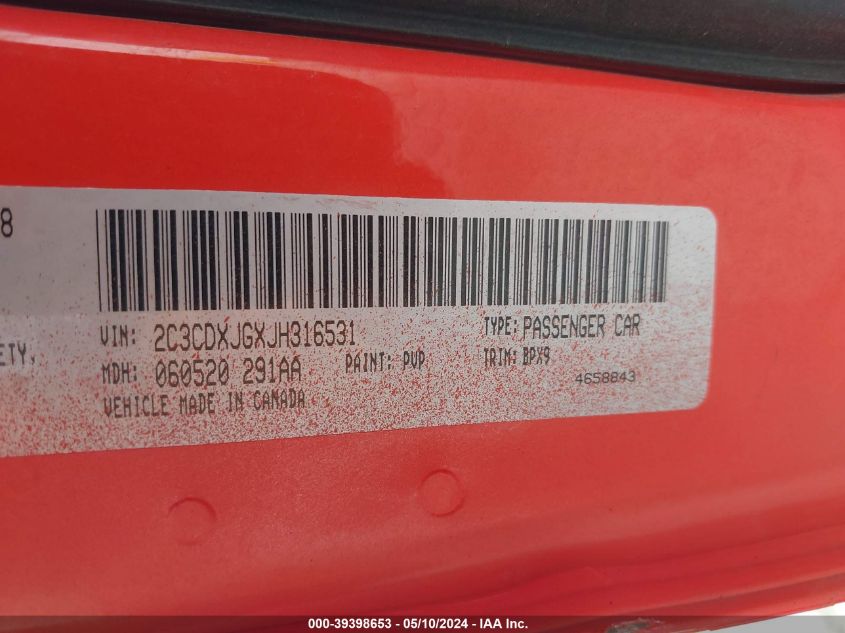 2018 Dodge Charger Gt Awd VIN: 2C3CDXJGXJH316531 Lot: 39398653