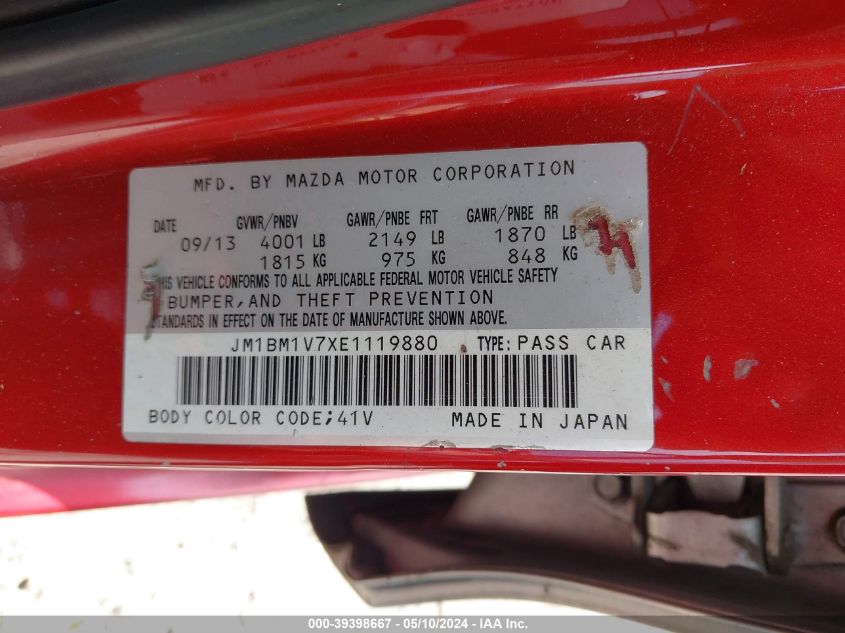 2014 Mazda Mazda3 I Touring VIN: JM1BM1V7XE1119880 Lot: 39398667