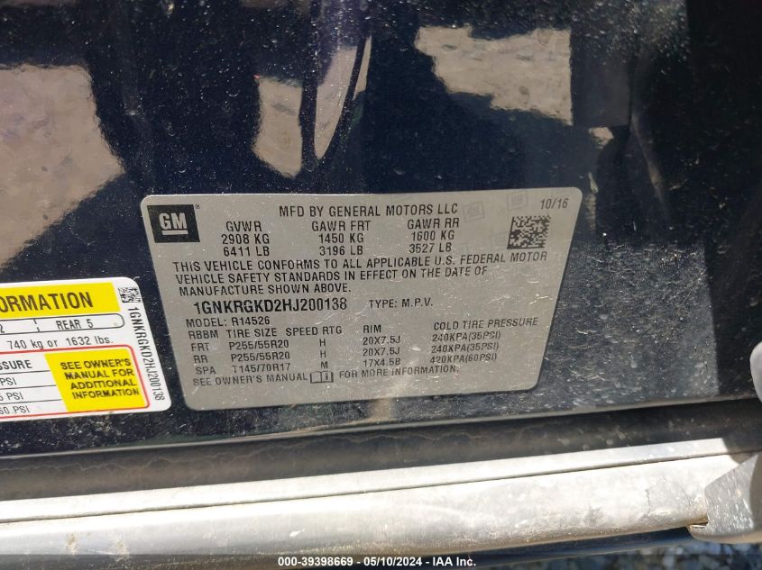 2017 Chevrolet Traverse 1Lt VIN: 1GNKRGKD2HJ200138 Lot: 39398669