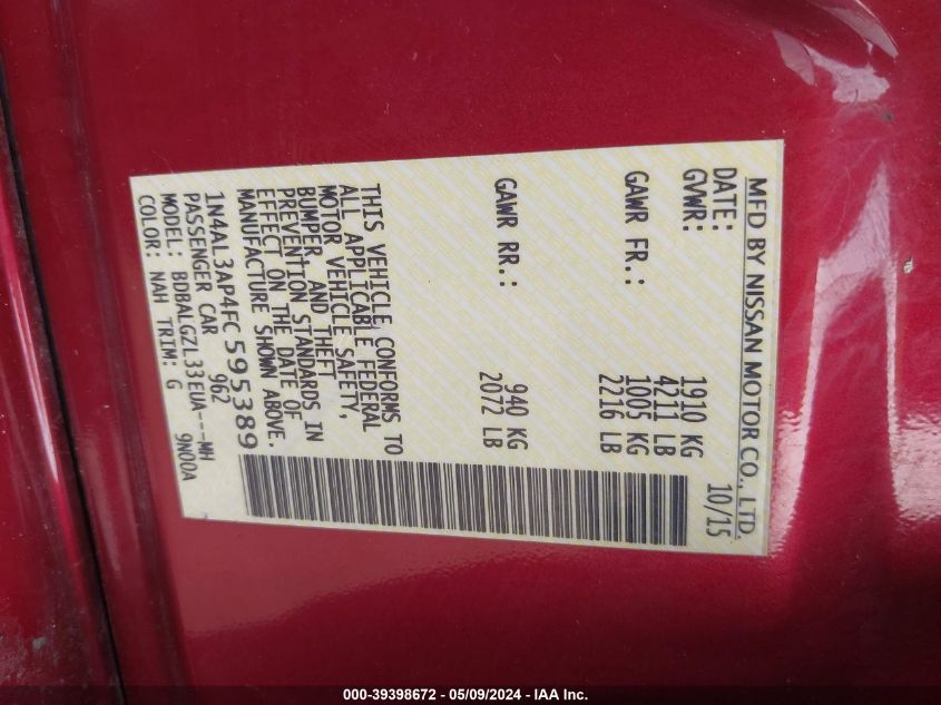 2015 Nissan Altima 2.5 S VIN: 1N4AL3AP4FC595389 Lot: 39398672