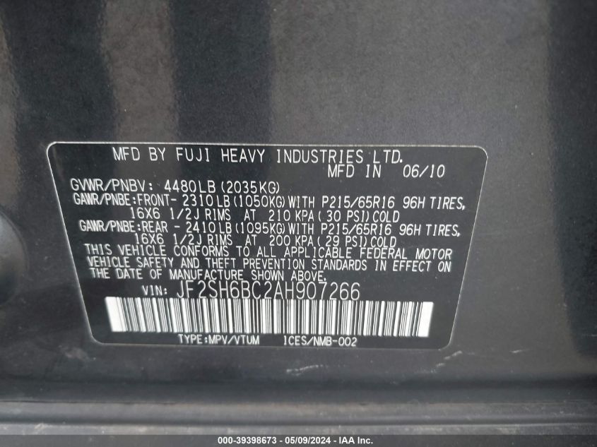 2010 Subaru Forester 2.5X VIN: JF2SH6BC2AH907266 Lot: 39398673