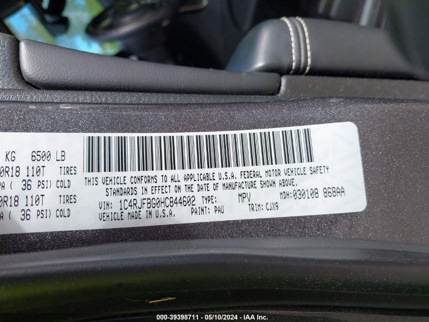 2017 Jeep Grand Cherokee Limited 4X4 VIN: 1C4RJFBG0HC844602 Lot: 39398711