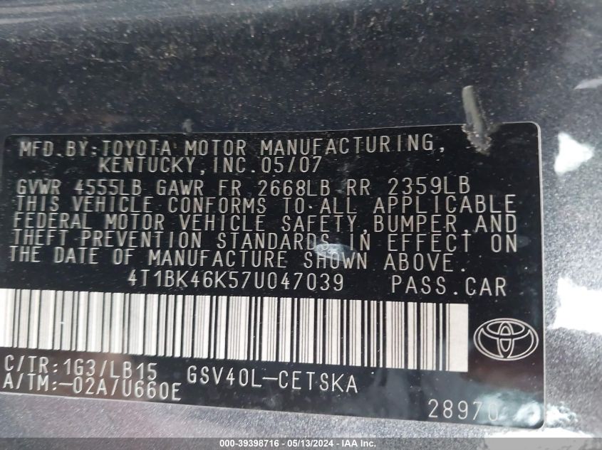 2007 Toyota Camry Se V6 VIN: 4T1BK46K57U047039 Lot: 39398716