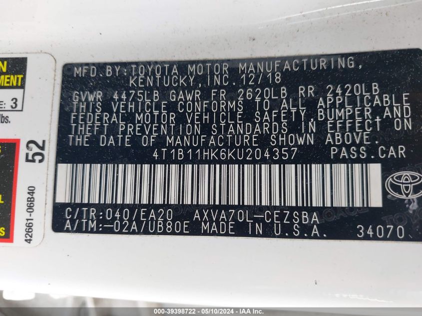 2019 Toyota Camry Se VIN: 4T1B11HK6KU204357 Lot: 39398722