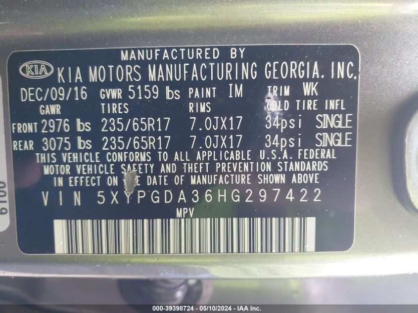 2017 KIA SORENTO LX/L - 5XYPGDA36HG297422