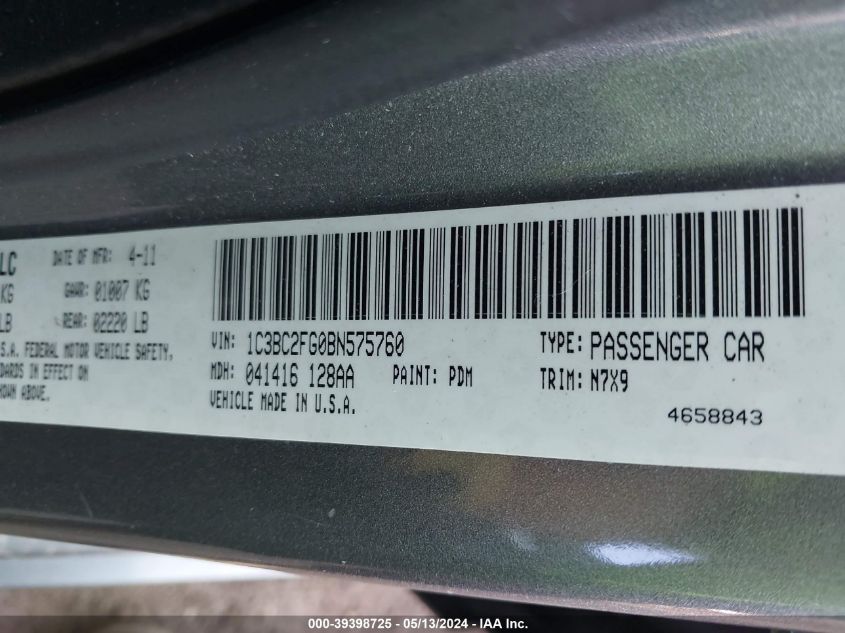 2011 Chrysler 200 Limited VIN: 1C3BC2FG0BN575760 Lot: 39398725