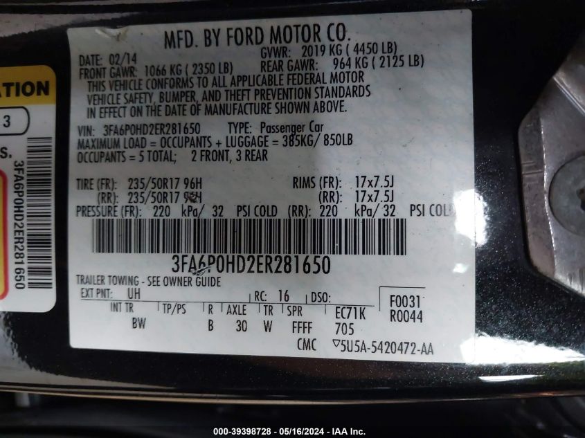 2014 Ford Fusion Se VIN: 3FA6P0HD2ER281650 Lot: 39398728
