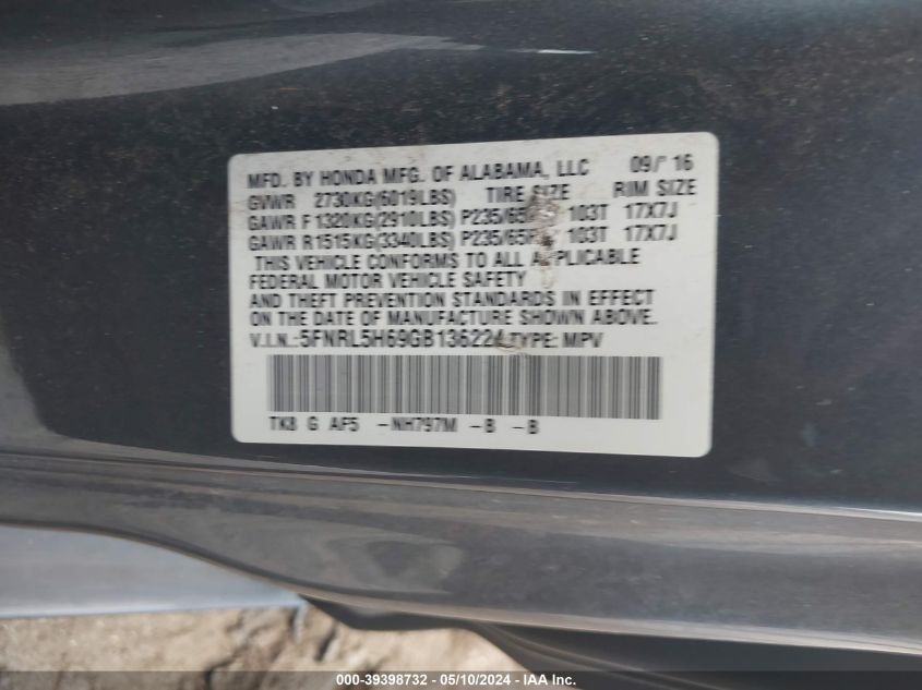 2016 Honda Odyssey Ex-L VIN: 5FNRL5H69GB136224 Lot: 39398732