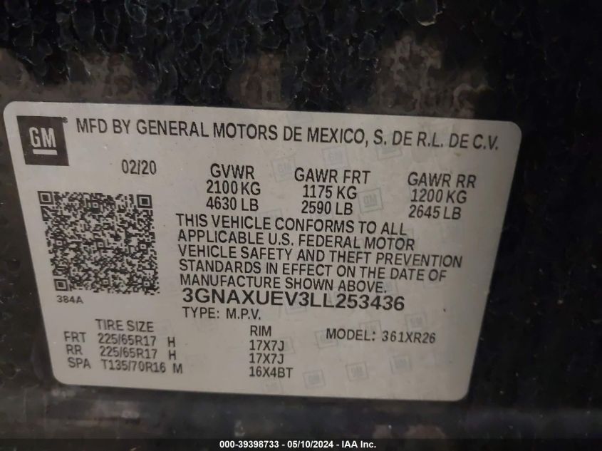 2020 Chevrolet Equinox Awd Lt 1.5L Turbo VIN: 3GNAXUEV3LL253436 Lot: 39398733