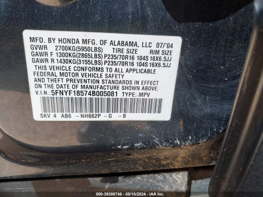 2004 Honda Pilot Ex-L VIN: 5FNYF18574B005081 Lot: 39398746