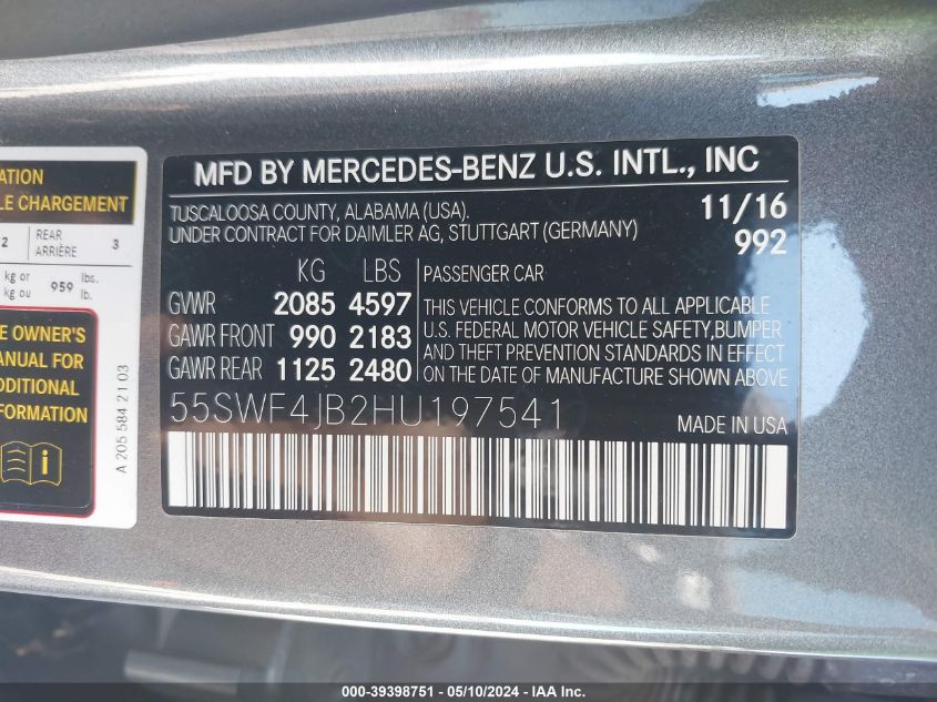 2017 Mercedes-Benz C 300 Luxury/Sport VIN: 55SWF4JB2HU197541 Lot: 39398751