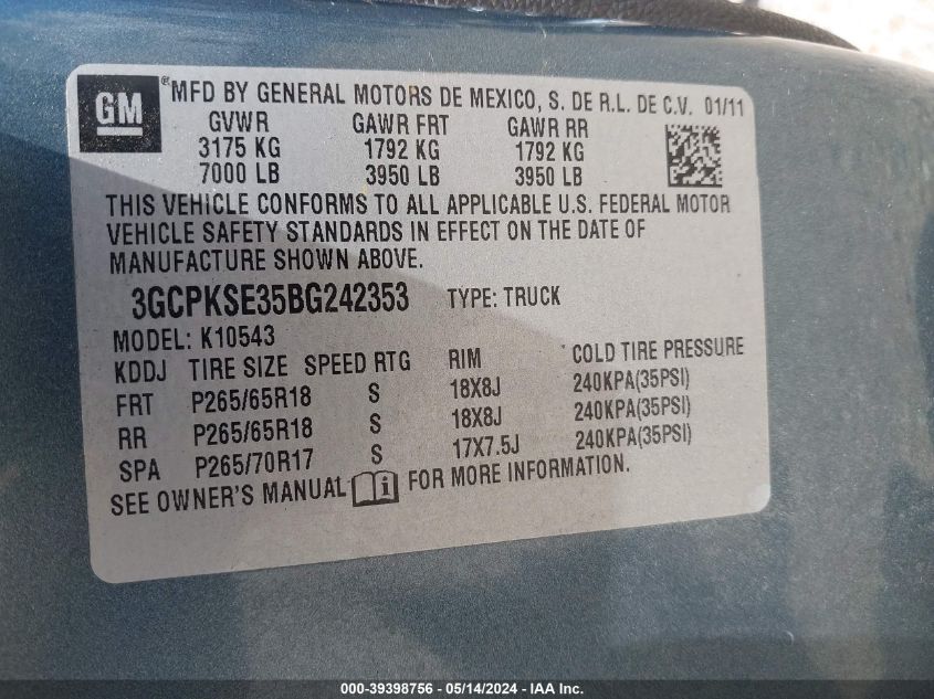 2011 Chevrolet Silverado 1500 Lt VIN: 3GCPKSE35BG242353 Lot: 39398756