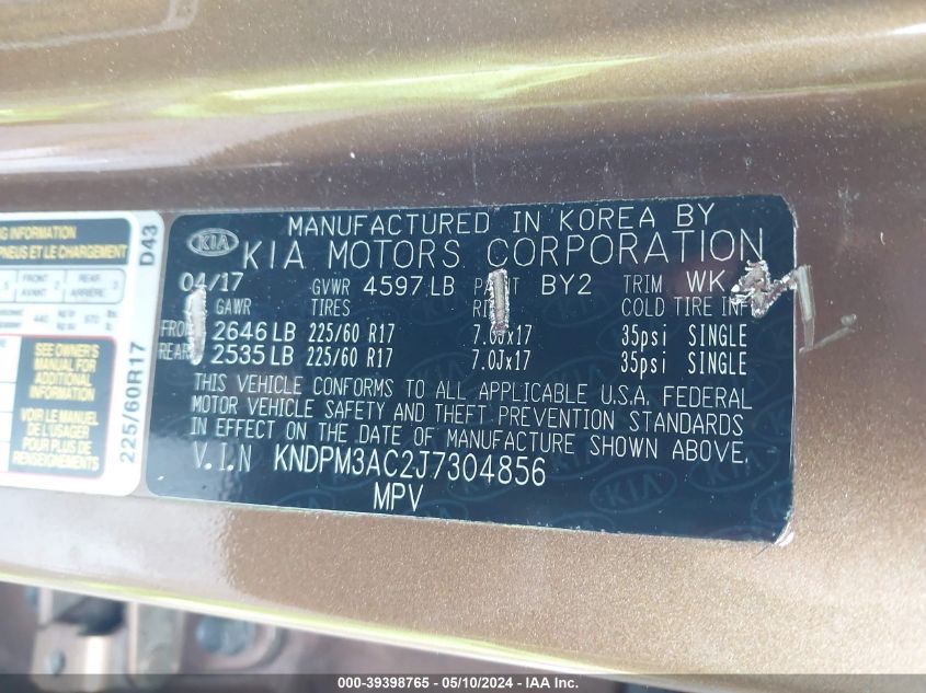 2018 Kia Sportage Lx VIN: KNDPM3AC2J7304856 Lot: 39398765