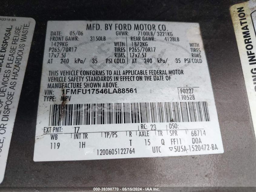 2006 Ford Expedition Eddie Bauer VIN: 1FMFU17546LA88561 Lot: 39398770