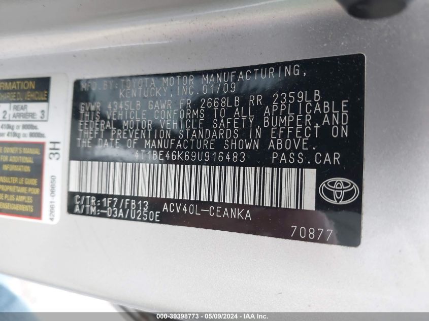 2009 Toyota Camry Le VIN: 4T1BE46K69U916483 Lot: 39398773