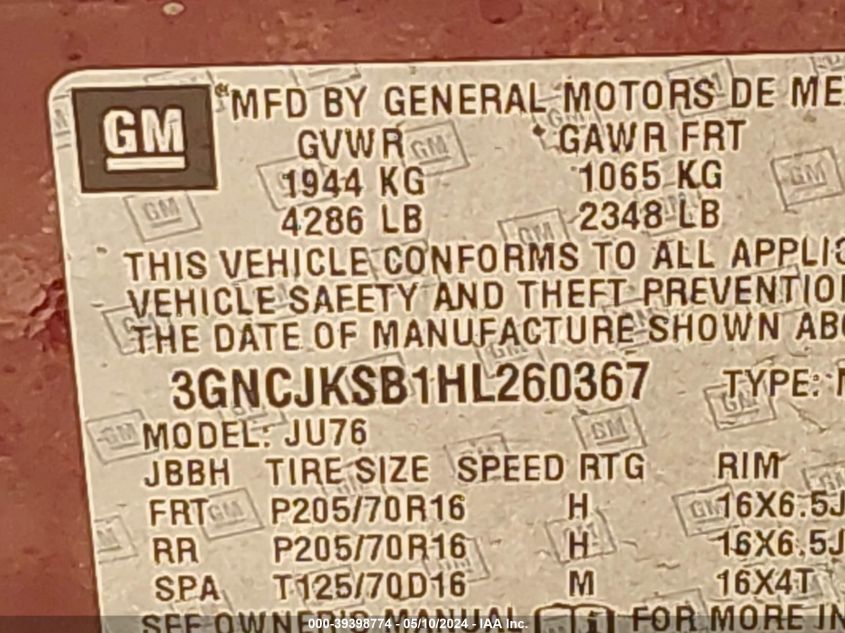 2017 Chevrolet Trax Ls VIN: 3GNCJKSB1HL260367 Lot: 39398774