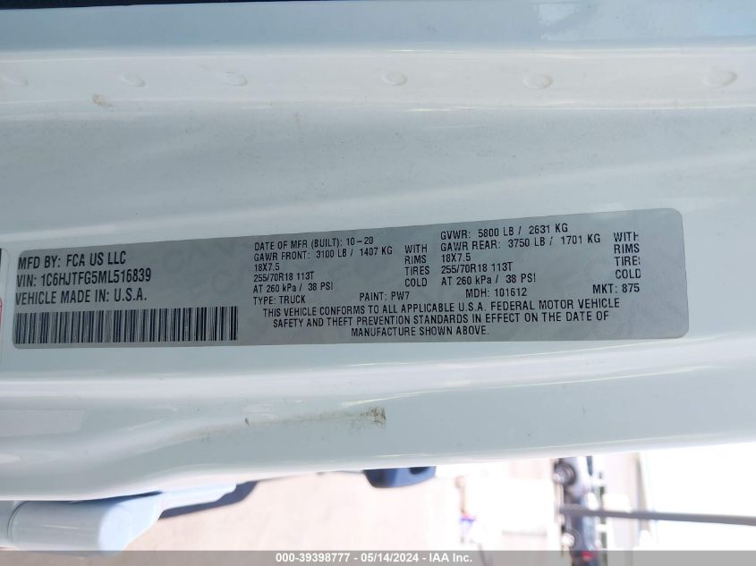 2021 Jeep Gladiator Overland 4X4 VIN: 1C6HJTFG5ML516839 Lot: 39398777