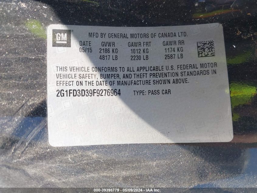 2015 Chevrolet Camaro 1Lt VIN: 2G1FD3D39F9276964 Lot: 39398779