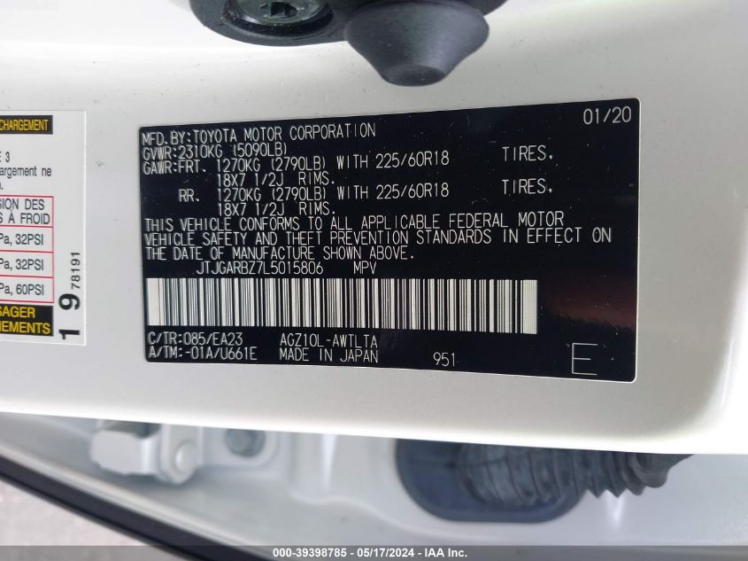 2020 Lexus Nx 300 VIN: JTJGARBZ7L5015806 Lot: 39398785