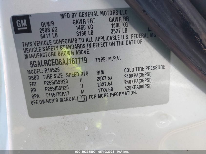 2010 Buick Enclave 2Xl VIN: 5GALRCED8AJ167719 Lot: 39398800