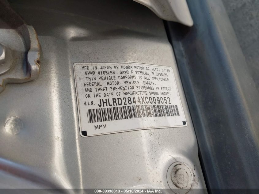 1999 Honda Cr-V Lx VIN: JHLRD2844XC009052 Lot: 39398813
