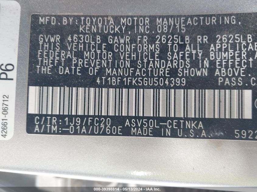 2016 Toyota Camry Le VIN: 4T1BF1FK5GU504399 Lot: 39398814