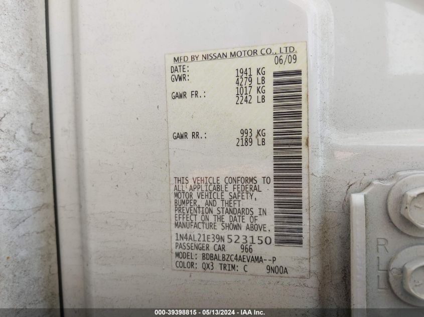 2009 Nissan Altima 2.5 S VIN: 1N4AL21E39N523150 Lot: 39398815